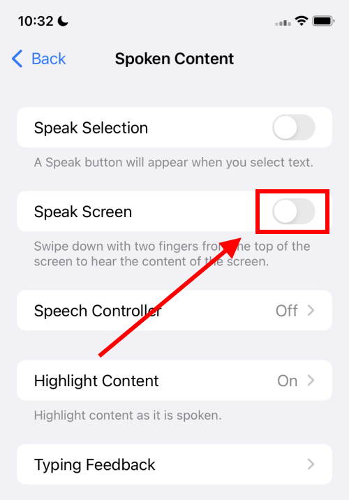 Tap Speak Screen to turn the toggle switch on